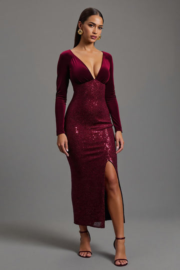 Velvet Sequin Burgundy Formal Dress with Slit